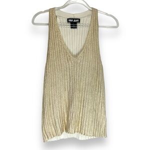 DKNY Top Gold Cable Knit Tank V Neck Sleeveless Sweater‎ Shirt Size Large NWOT